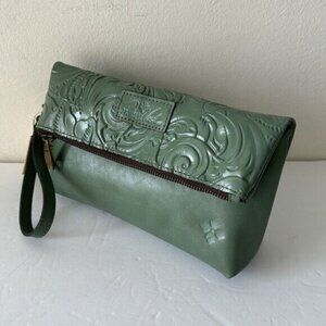 PATRICIA NASH Leath Tooled “Valerie” Wristlet Clutch Fold-Over Pouch Sage Green